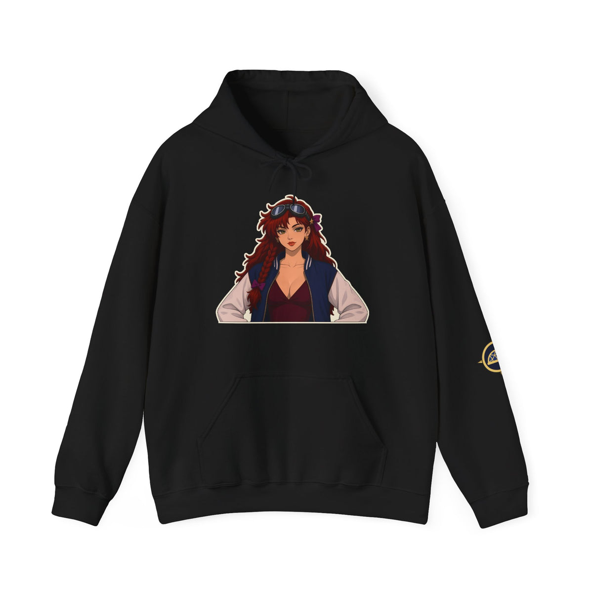 Elara Front & Back Hoodie in black, front view: Elara waist-up portrait on the chest, gold dome crest on the sleeve