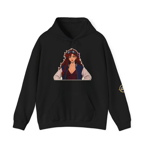 Elara Front & Back Hoodie in black, front view: Elara waist-up portrait on the chest, gold dome crest on the sleeve