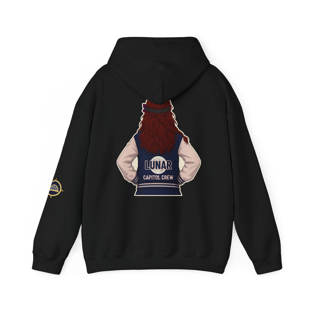 Elara Front & Back Hoodie in black, back view: Elara from behind with LUNAR / CAPITOL CREW and moon emblem on her jacket