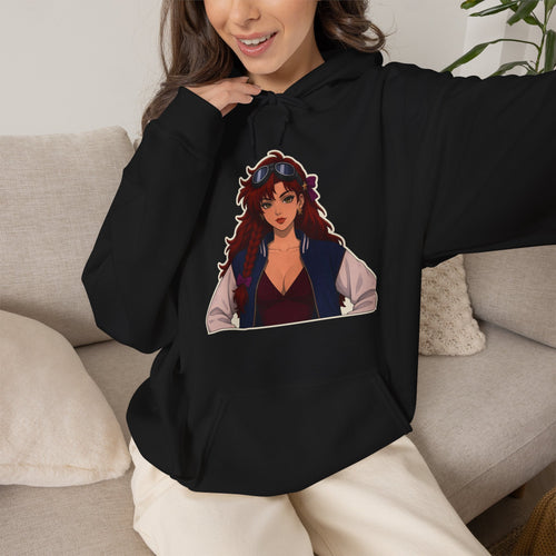 Model wearing the Elara Front & Back Hoodie in black on a sofa, Elara portrait on the chest