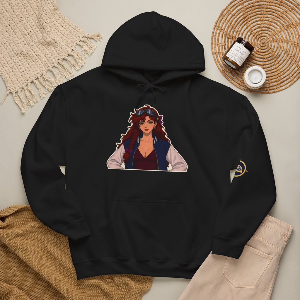 Elara Front & Back Hoodie laid out flat in a casual setting, front print and gold sleeve crest