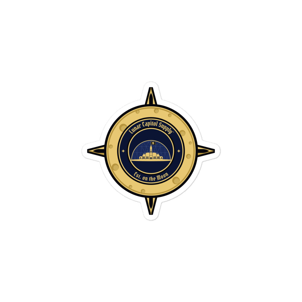 Lunar Capitol Dome Crest Sticker, 3 inch: the gold Lunar Capitol Supply dome compass crest as a kiss-cut vinyl sticker with a white border