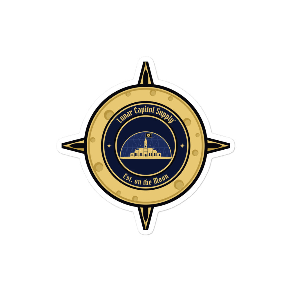 Lunar Capitol Dome Crest Sticker, 4 inch: the gold Lunar Capitol Supply dome compass crest as a kiss-cut vinyl sticker with a white border
