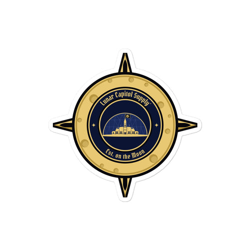 Lunar Capitol Dome Crest Sticker, 4 inch: the gold Lunar Capitol Supply dome compass crest as a kiss-cut vinyl sticker with a white border