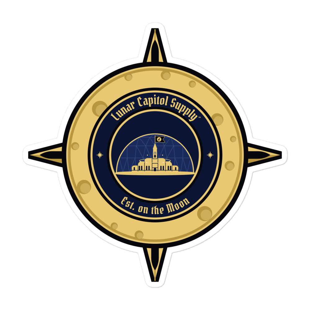Lunar Capitol Dome Crest Sticker, 5.5 inch: the gold Lunar Capitol Supply dome compass crest as a kiss-cut vinyl sticker with a white border