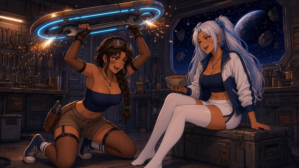Off-duty candid: Juno Moretti fixing a hoverboard with a wrench while Nova Sato watches from a crate