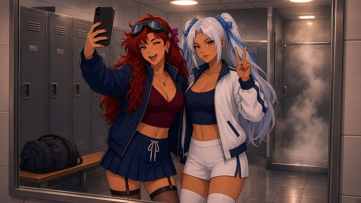 Off-duty candid: Elara Quinn and Nova Sato taking a locker-room mirror selfie