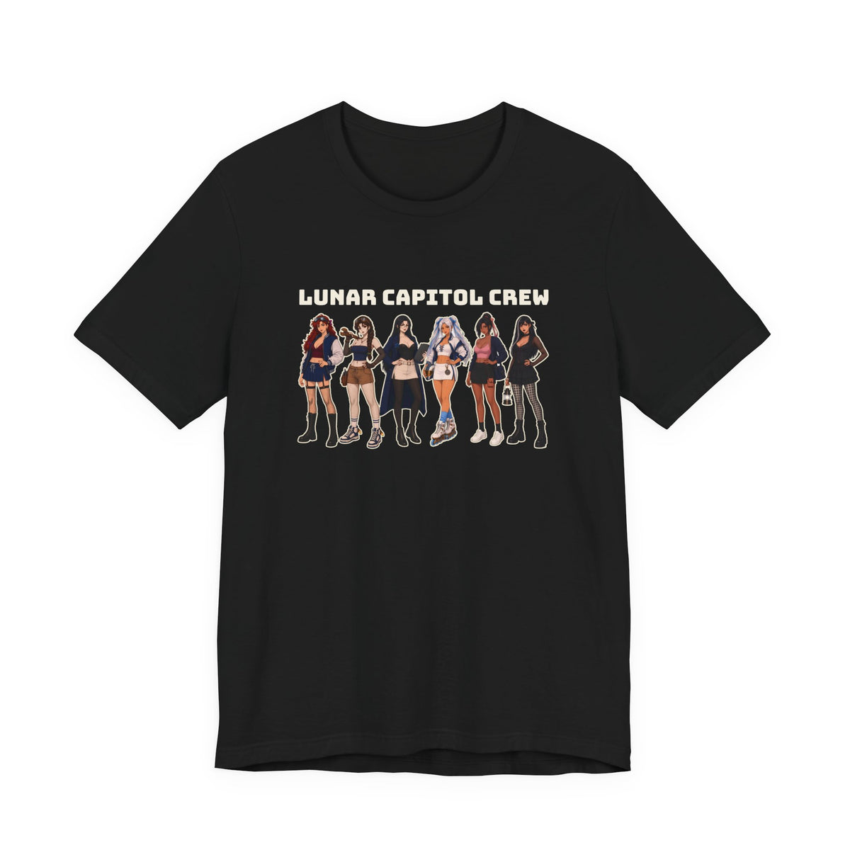 Front of the black Lunar Capitol Crew Tee showing the six-girl crew lineup under the LUNAR CAPITOL CREW headline