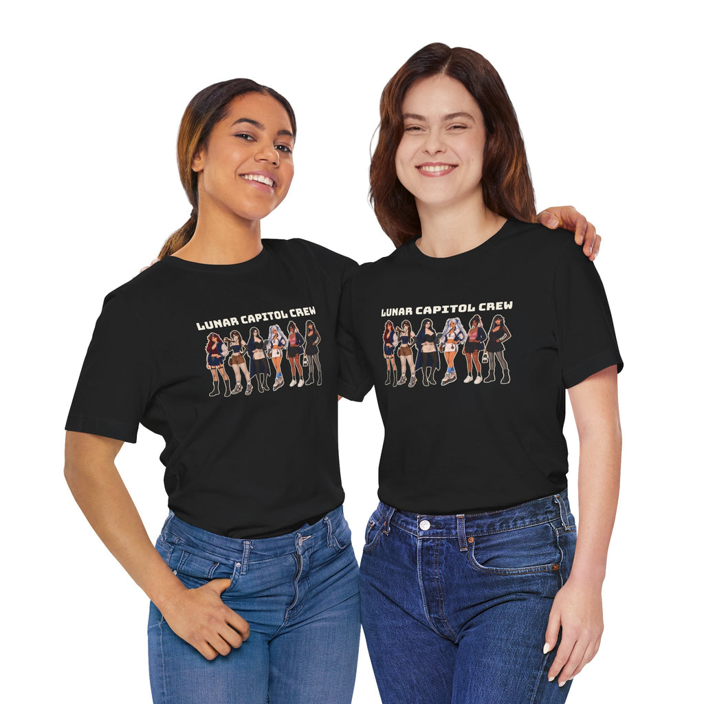Two models wearing the black Lunar Capitol Crew Tee with the crew lineup print on the chest