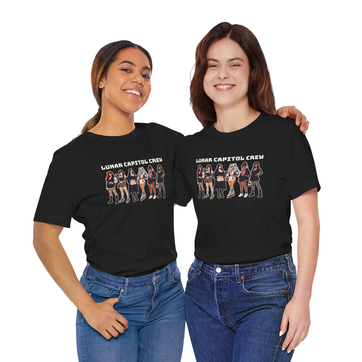 Two models wearing the black Lunar Capitol Crew Tee with the crew lineup print on the chest