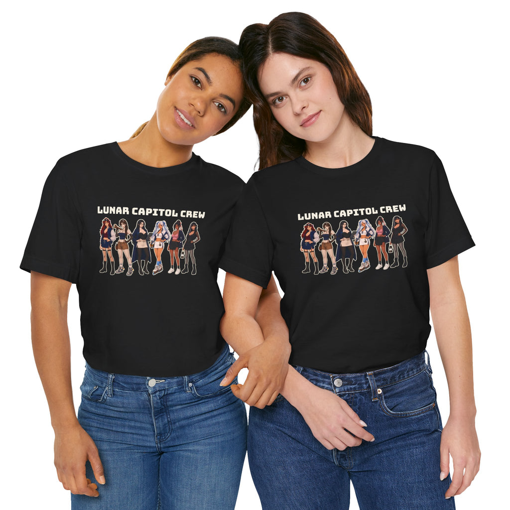 Two models in the Lunar Capitol Crew Tee, showing the print size on the body
