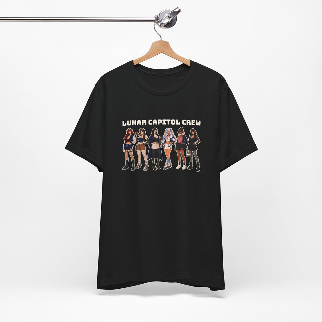 Lunar Capitol Crew Tee in black on a hanger, front crew lineup print