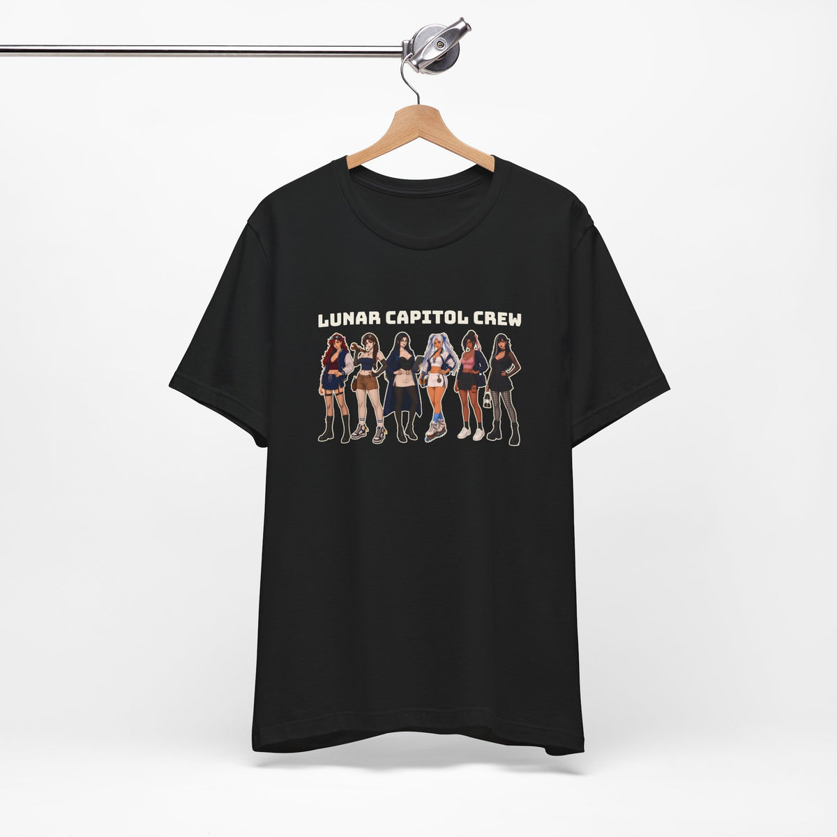 Lunar Capitol Crew Tee in black on a hanger, front crew lineup print