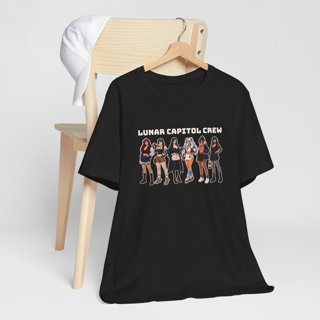 Lunar Capitol Crew Tee hanging on a wooden chair, front crew lineup print