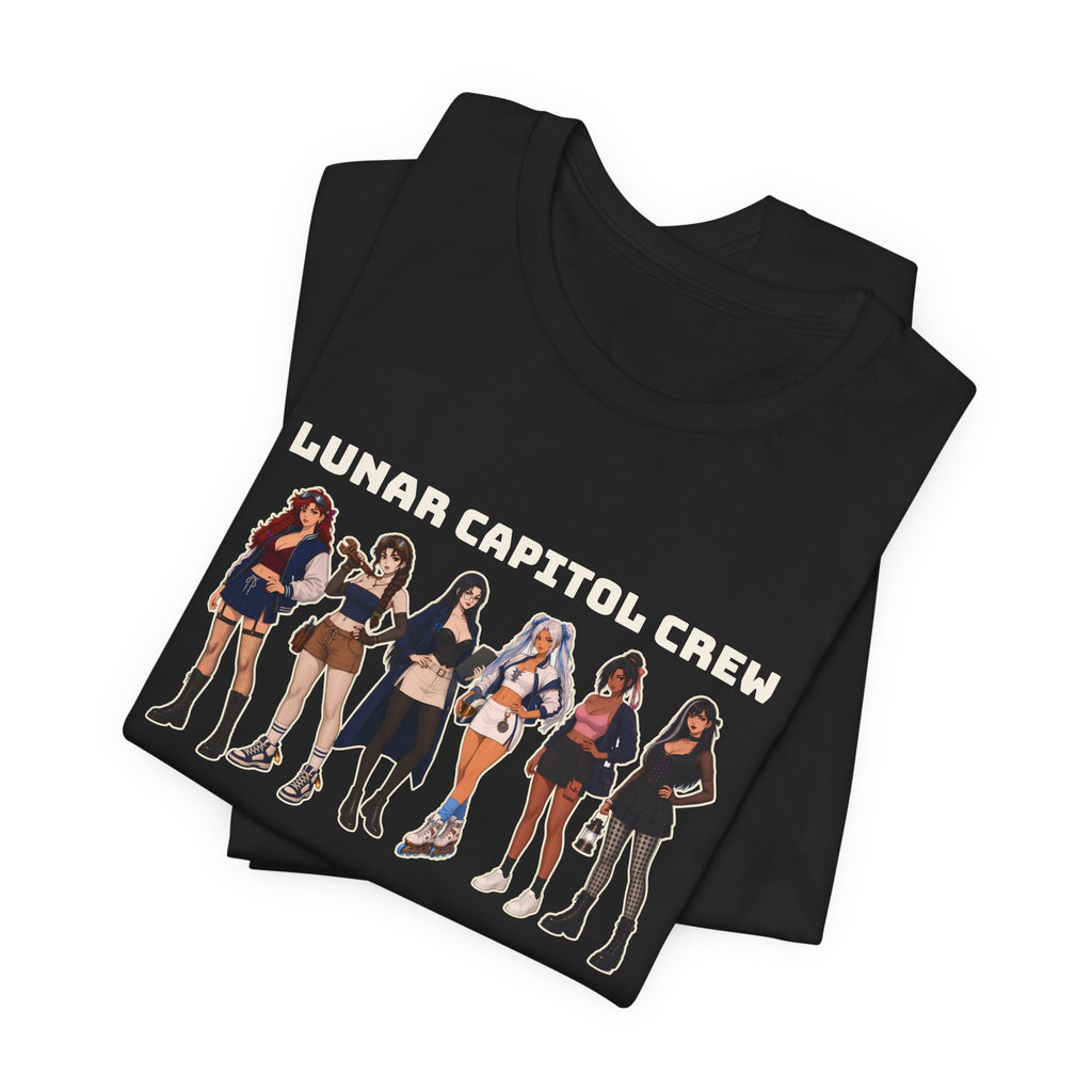 Folded black Lunar Capitol Crew Tee, close view of the six-girl crew art