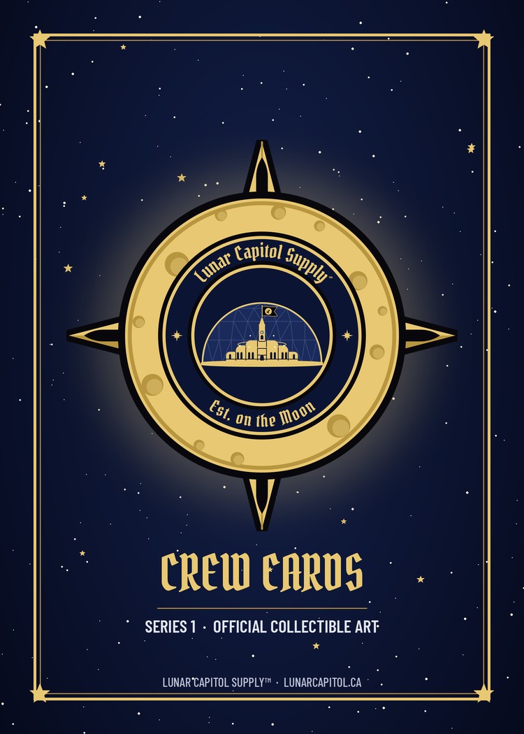 Lunar Capitol Supply crew card back: Gold Lunar Capitol Dome Crest on a starry navy field, Crew Cards Series 1