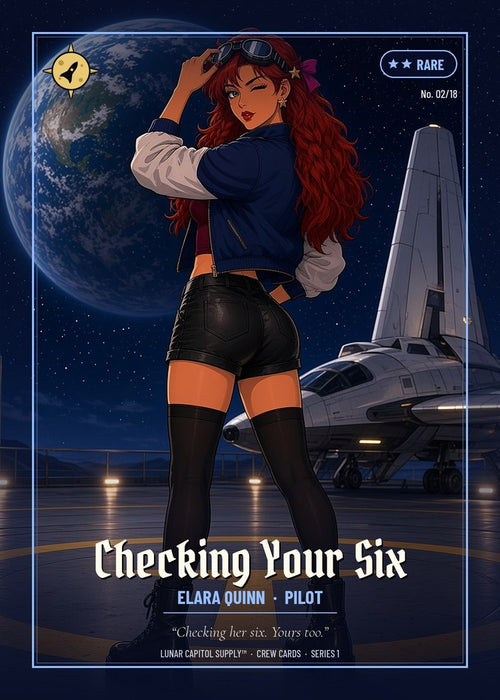 Crew card front: Elara Quinn, Pilot — Checking Your Six