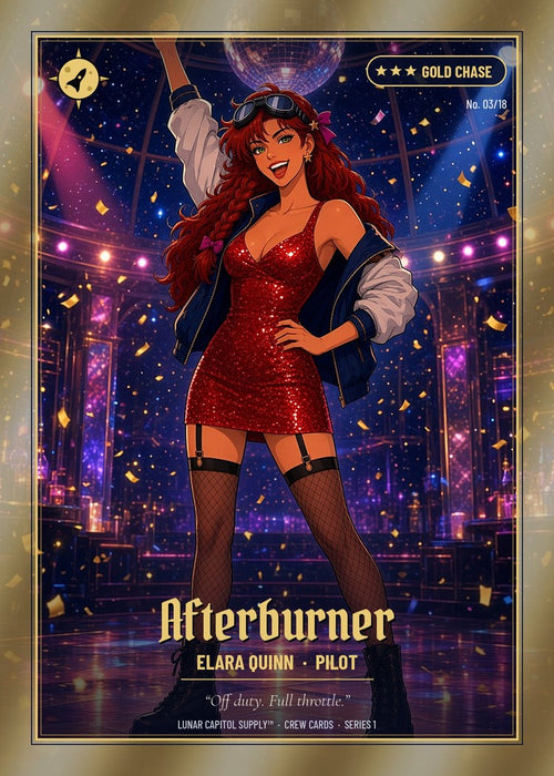Lunar Crew trading card No. 03 Afterburner: Elara Quinn, Pilot