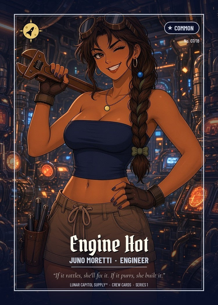Crew card front: Juno Moretti, Engineer — Engine Hot