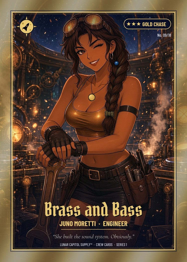 Crew card front: Juno Moretti, Engineer — Brass and Bass