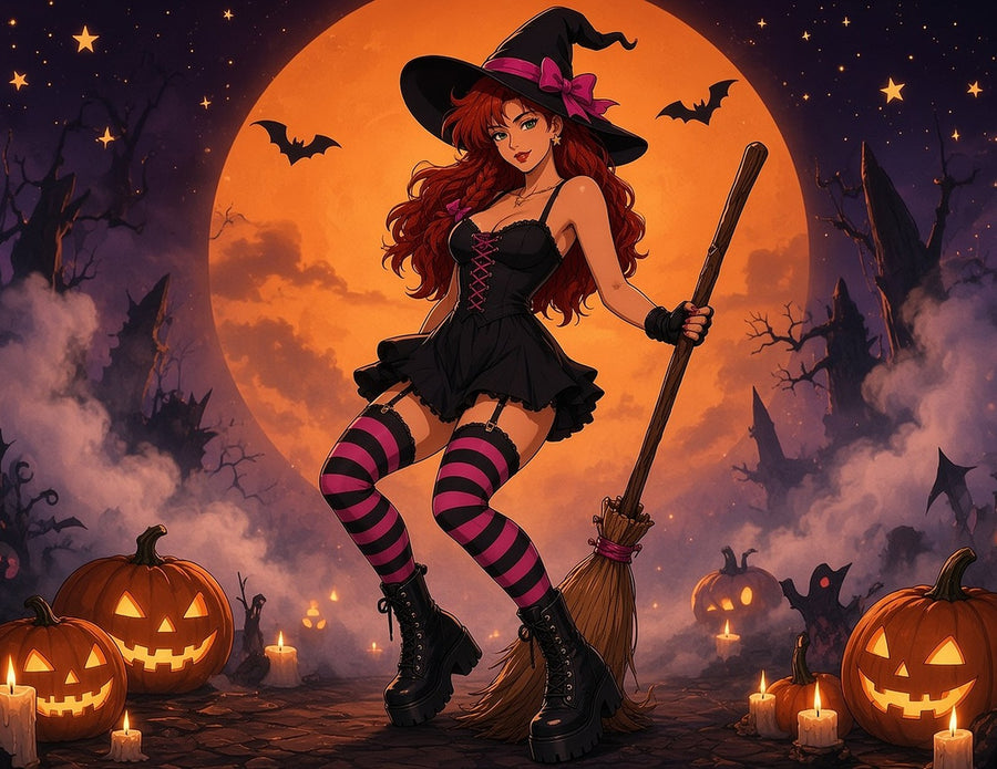 Elara dressed as a witch for October with her broom in front of a full orange moon