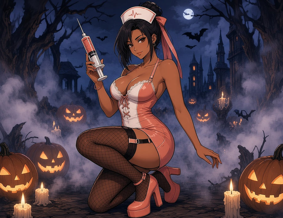 Hana dressed as a nurse for October, kneeling among glowing jack-o'-lanterns