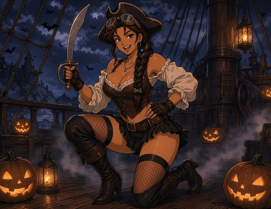 Juno dressed as a pirate for October, cutlass raised, with jack-o'-lanterns around her