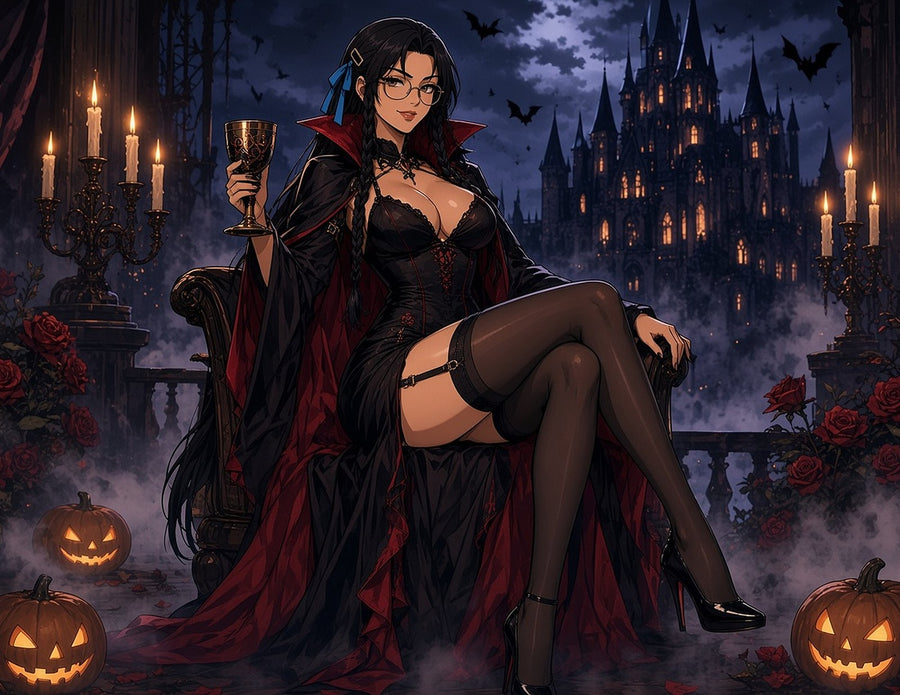 Margot dressed as a vampire for October, seated with a goblet in a candlelit castle
