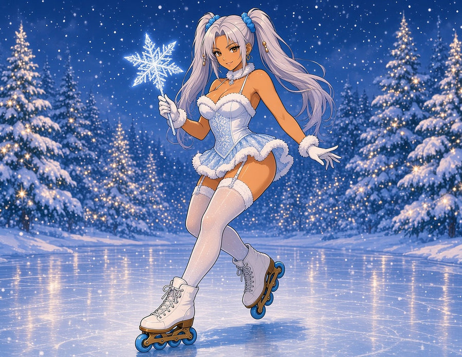 Nova as a December snow queen skating on a frozen pond with a snowflake wand