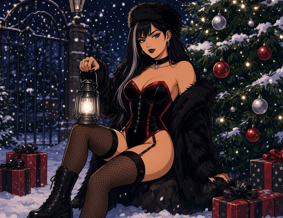 Sable in a December corset and fur coat holding a lantern beside a Christmas tree