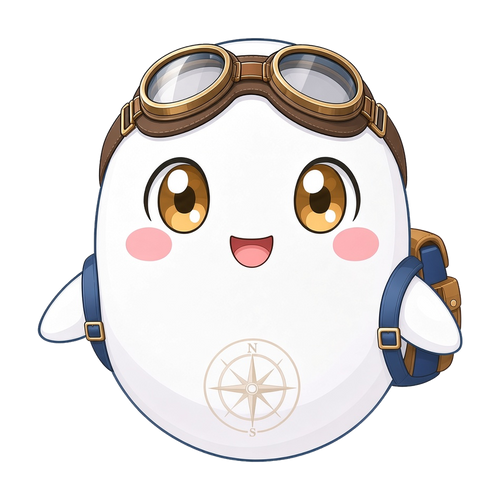 Kita, the crew compass companion, with aviator goggles and a navy backpack
