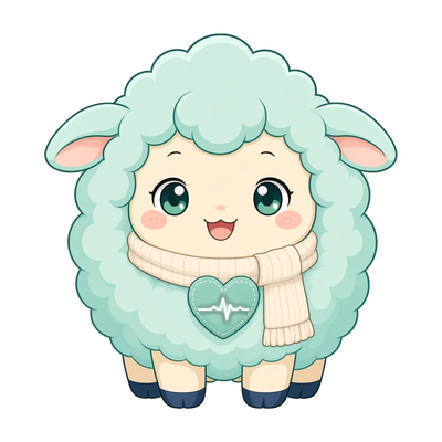 Kuma, the comfort and care companion, with a cream scarf and a stitched heart