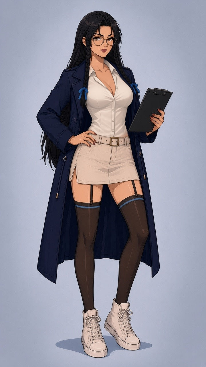 Margot Ashby, Logistics Officer — full-length portrait in her navy coat, ivory blouse and beige skirt with a clipboard